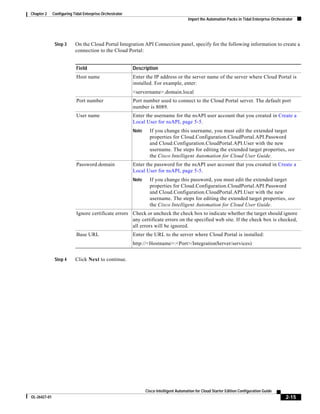 Chapter 2     Configuring Tidal Enterprise Orchestrator
                                                                                         Import the Automation Packs in Tidal Enterprise Orchestrator




               Step 3      On the Cloud Portal Integration API Connection panel, specify for the following information to create a
                           connection to the Cloud Portal:


                            Field                         Description
                            Host name                     Enter the IP address or the server name of the server where Cloud Portal is
                                                          installed. For example, enter:
                                                          <servername>.domain.local
                            Port number                   Port number used to connect to the Cloud Portal server. The default port
                                                          number is 8089.
                            User name                     Enter the username for the nsAPI user account that you created in Create a
                                                          Local User for nsAPI, page 5-5.
                                                          Note     If you change this username, you must edit the extended target
                                                                   properties for Cloud.Configuration.CloudPortal.API.Password
                                                                   and Cloud.Configuration.CloudPortal.API.User with the new
                                                                   username. The steps for editing the extended target properties, see
                                                                   the Cisco Intelligent Automation for Cloud User Guide.
                            Password.domain               Enter the password for the nsAPI user account that you created in Create a
                                                          Local User for nsAPI, page 5-5.
                                                          Note     If you change this password, you must edit the extended target
                                                                   properties for Cloud.Configuration.CloudPortal.API.Password
                                                                   and Cloud.Configuration.CloudPortal.API.User with the new
                                                                   username. The steps for editing the extended target properties, see
                                                                   the Cisco Intelligent Automation for Cloud User Guide.
                            Ignore certificate errors Check or uncheck the check box to indicate whether the target should ignore
                                                      any certificate errors on the specified web site. If the check box is checked,
                                                      all errors will be ignored.
                            Base URL                      Enter the URL to the server where Cloud Portal is installed:
                                                          http://<Hostname>:<Port>/IntegrationServer/services)


               Step 4      Click Next to continue.




                                                                 Cisco Intelligent Automation for Cloud Starter Edition Configuration Guide
OL-26427-01                                                                                                                                      2-15
 
