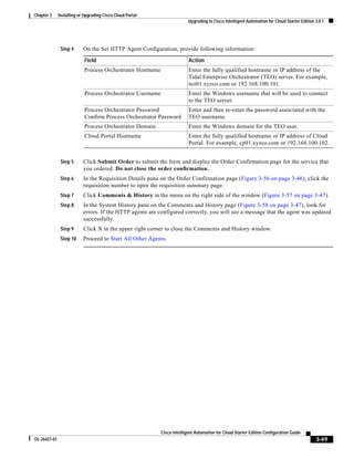 Chapter 3     Installing or Upgrading Cisco Cloud Portal
                                                                          Upgrading to Cisco Intelligent Automation for Cloud Starter Edition 3.0.1




               Step 4      On the Set HTTP Agent Configuration, provide following information:

                            Field                                         Action
                            Process Orchestrator Hostname                 Enter the fully qualified hostname or IP address of the
                                                                          Tidal Enterprise Orchestrator (TEO) server. For example,
                                                                          teo01.xyzco.com or 192.168.100.101.
                            Process Orchestrator Username                 Enter the Windows username that will be used to connect
                                                                          to the TEO server.
                            Process Orchestrator Password                 Enter and then re-enter the password associated with the
                            Confirm Process Orchestrator Password         TEO username.
                            Process Orchestrator Domain                   Enter the Windows domain for the TEO user.
                            Cloud Portal Hostname                         Enter the fully qualified hostname or IP address of Cloud
                                                                          Portal. For example, cp01.xyzco.com or 192.168.100.102.


               Step 5      Click Submit Order to submit the form and display the Order Confirmation page for the service that
                           you ordered. Do not close the order confirmation.
               Step 6      In the Requisition Details pane on the Order Confirmation page (Figure 3-56 on page 3-46), click the
                           requisition number to open the requisition summary page.
               Step 7      Click Comments & History in the menu on the right side of the window (Figure 3-57 on page 3-47).
               Step 8      In the System History pane on the Comments and History page (Figure 3-58 on page 3-47), look for
                           errors. If the HTTP agents are configured correctly, you will see a message that the agent was updated
                           successfully.
               Step 9      Click X in the upper right corner to close the Comments and History window.
               Step 10     Proceed to Start All Other Agents.




                                                            Cisco Intelligent Automation for Cloud Starter Edition Configuration Guide
OL-26427-01                                                                                                                                   3-49
 