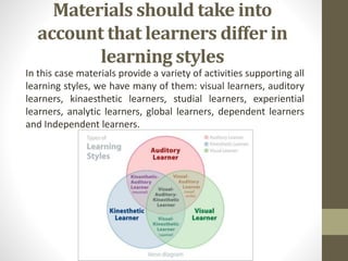 Materials should take into
account that learners differ in
learning styles
In this case materials provide a variety of activities supporting all
learning styles, we have many of them: visual learners, auditory
learners, kinaesthetic learners, studial learners, experiential
learners, analytic learners, global learners, dependent learners
and Independent learners.
 