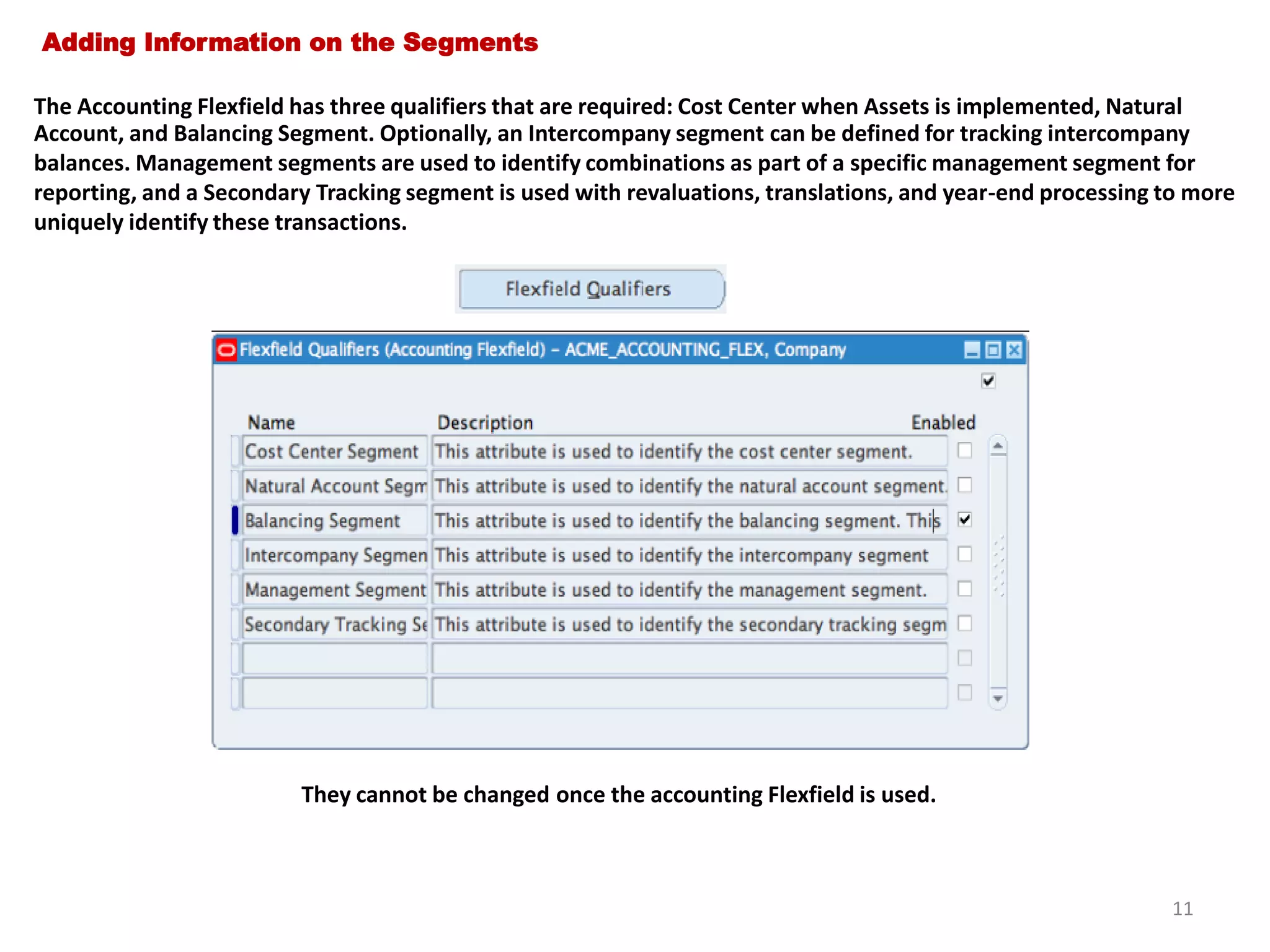 Adding Information on the Segments

The Accounting Flexfield has three qualifiers that are required: Cost Center when Assets is implemented, Natural
Account, and Balancing Segment. Optionally, an Intercompany segment can be defined for tracking intercompany
balances. Management segments are used to identify combinations as part of a specific management segment for
reporting, and a Secondary Tracking segment is used with revaluations, translations, and year-end processing to more
uniquely identify these transactions.

They cannot be changed once the accounting Flexfield is used.

11

 