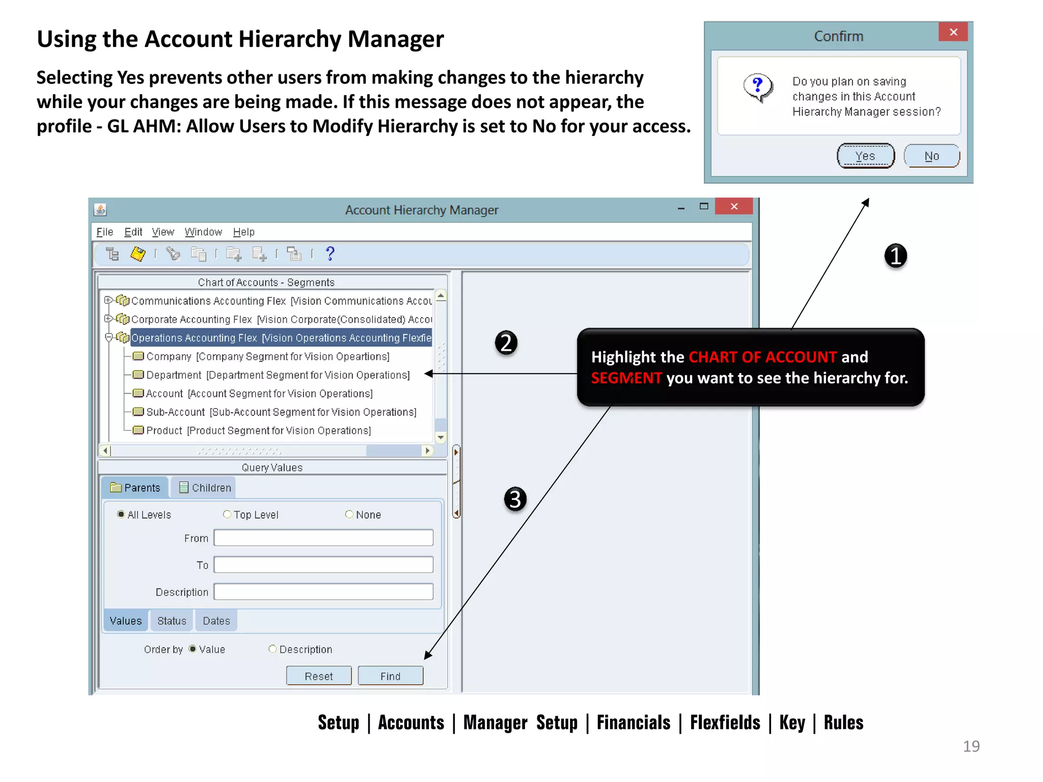 Using the Account Hierarchy Manager
Selecting Yes prevents other users from making changes to the hierarchy
while your changes are being made. If this message does not appear, the
profile - GL AHM: Allow Users to Modify Hierarchy is set to No for your access.

1

2

Highlight the CHART OF ACCOUNT and
SEGMENT you want to see the hierarchy for.

3

Setup | Accounts | Manager Setup | Financials | Flexfields | Key | Rules
19

 