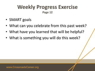 www.CrossroadsCareer.org
Weekly Progress Exercise
Page 12
• SMART goals
• What can you celebrate from this past week?
• What have you learned that will be helpful?
• What is something you will do this week?
 