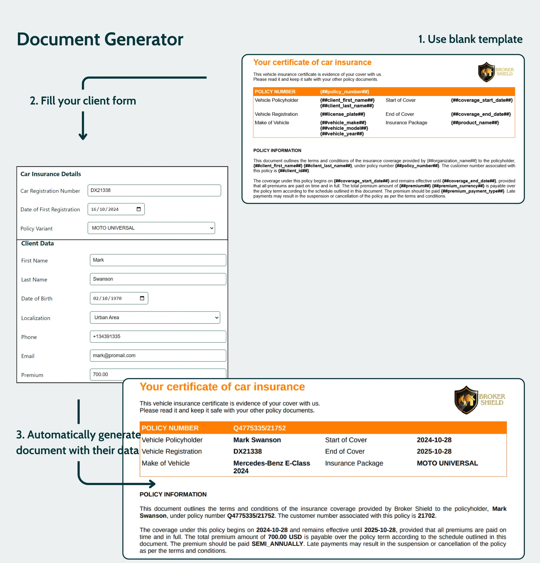 Document Generator 1. Use blank template
2. Fill your client form
3. Automatically generate
document with their data