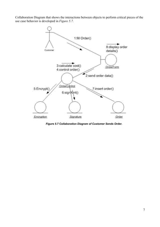 Collaboration Diagram that shows the interactions between objects to perform critical pieces of the
use case behavior is developed in Figure 5.7.

Figure 5.7 Collaboration Diagram of Customer Sends Order.

7

 