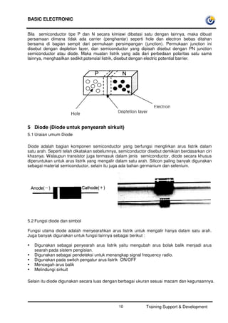 BASIC ELECTRONIC
Training Support & Development10
Bila semiconductor tipe P dan N secara kimiawi dibatasi satu dengan lainnya, maka dibuat
persamaan dimana tidak ada carrier (penghantar) seperti hole dan electron bebas ditahan
bersama di bagian sempit dari permukaan persimpangan (junction). Permukaan junction ini
disebut dengan depletion layer, dan semiconductor yang dipisah disebut dengan PN junction
semiconductor atau diode. Maka muatan listrik yang ada dari perbedaan polaritas satu sama
lainnya, menghasilkan sedikit potensial listrik, disebut dengan electric potential barrier.
5 Diode (Diode untuk penyearah sirkuit)
5.1 Uraian umum Diode
Diode adalah bagian komponen semiconductor yang berfungsi menglirkan arus listrik dalam
satu arah. Seperti telah dikatakan sebelumnya, semiconductor disebut demikian berdasarkan ciri
khasnya. Walaupun transistor juga termasuk dalam jenis semiconductor, diode secara khusus
diperuntukan untuk arus listrik yang mengalir dalam satu arah. Silicon paling banyak digunakan
sebagai material semiconductor, selain itu juga ada bahan germanium dan selenium.
5.2 Fungsi diode dan simbol
Fungsi utama diode adalah menyearahkan arus listrik untuk mengalir hanya dalam satu arah.
Juga banyak digunakan untuk fungsi lainnya sebagai berikut :
Digunakan sebagai penyearah arus listrik yaitu mengubah arus bolak balik menjadi arus
searah pada sistem pengisian.
Digunakan sebagai pendeteksi untuk menangkap signal frequency radio.
Digunakan pada switch pengatur arus listrik ON/OFF
Mencegah arus balik
Melindungi sirkuit
Selain itu diode digunakan secara luas dengan berbagai ukuran sesuai macam dan kegunaannya.
 