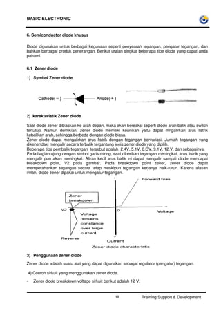 BASIC ELECTRONIC
Training Support & Development18
6. Semiconductor diode khusus
Diode digunakan untuk berbagai kegunaan seperti penyearah tegangan, pengatur tegangan, dan
bahkan berbagai produk penerangan. Berikut uraian singkat beberapa tipe diode yang dapat anda
pahami.
6.1 Zener diode
1) Symbol Zener diode
2) karakteristik Zener diode
Saat diode zener dibiaskan ke arah depan, maka akan bereaksi seperti diode arah balik atau switch
tertutup. Namun demikian, zener diode memiliki keunikan yaitu dapat mngalirkan arus listrik
kebalikan arah, sehingga berbeda dengan diode biasa.
Zener diode dapat mengalirkan arus listrik dengan tegangan bervariasi. Jumlah tegangan yang
dikehendaki mengalir secara terbalik tergantung jenis zener diode yang dipilih.
Beberapa tipe pembalik tegangan tersebut adalah: 2.4V, 5.1V, 6.OV, 9.1V, 12.V, dan sebagainya.
Pada bagian ujung dengan simbol garis miring, saat diberikan tegangan meningkat, arus listrik yang
mengalir pun akan meningkat. Aliran kecil arus balik ini dapat mengalir sampai diode mencapai
breakdown point, V2 pada gambar. Pada breakdown point zener, zener diode dapat
mempetahankan tegangan secara tetap meskipun tegangan kerjanya naik-turun. Karena alasan
inilah, diode zener dipakai untuk mengatur tegangan.
3) Penggunaan zener diode
Zener diode adalah suatu alat yang dapat digunakan sebagai regulator (pengatur) tegangan.
4) Contoh sirkuit yang menggunakan zener diode.
- Zener diode breakdown voltage sirkuit berikut adalah 12 V.
 