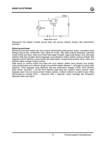 BASIC ELECTRONIC
Training Support & Development27
Selanjutnya kita pelajari metode ground base dan ground collector dengan aksi perpindahan
transistor.
Sirkuit ground base.
Metode ground base adalah tipe sirkuit seperti diperlihatkan pada gambar diatas, menjadikan base
sebagai ground dan memberikan input signal ke emitter. Bila tidak terdapat perbedaan potensial
antara emitter dan base, maka arus emiter tidak dapat mengalir, begitu juga dengan arus istrik pada
collector tidak bisa mengalir dimana tegangan yang diberikan melalui resistan arahnya terbalik. Bila
tegangan searah diberikan antara emitter dan base seperti tampak pada gambar sirkuit, maka arus
collector dapat mengalir melalui resistan.
Pada kasus ini, karena jumlah arus base dan arus collector adalah sama dengan arus emitter,
maka perbandingan arus collector dengan arus emitter adalah dibawah 1, sehingga arus listrik tidak
diperkuat. Untuk tegangan yang diperkuat, bila kita umpamakan sebagai contoh 10mA dialirkan
pada emitter, kemudian 1 mA dan 9mA dialirkan pada base dan collector secara spontan maka
tegangan akan menurun secara drastis melalui resistan, di dalam collector itu adalah output. Maka
perhitungannya menjadi 9mA x resistance [kQ] = tegangan output sehingga ada penguatan
tegangan pada input signal.
 