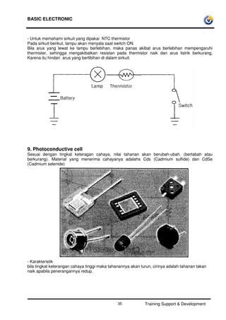 BASIC ELECTRONIC
Training Support & Development35
- Untuk memahami sirkuit yang dipakai NTC thermistor
Pada sirkuit berikut, lampu akan menyala saat switch ON.
Bila arus yang lewat ke lampu berlebihan, maka panas akibat arus berlebihan mempengaruhi
thermister, sehingga mengakibatkan resistan pada thermistor naik dan arus listrik berkurang,
Karena itu hindari arus yang berlibihan di dalam sirkuit.
9. Photoconductive cell
Sesuai dengan tingkat keteragan cahaya, nilai tahanan akan berubah-ubah. (bertabah atau
berkurang). Material yang menerima cahayanya adalahs Cds (Cadmium sulfide) dan CdSe
(Cadmium selenide)
- Karakteristik
bila tingkat keterangan cahaya tinggi maka tahanannya akan turun, cirinya adalah tahanan takan
naik apabila penerangannya redup.
 