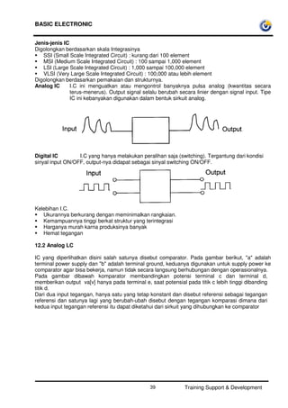 BASIC ELECTRONIC
Training Support & Development39
Jenis-jenis IC
Digolongkan berdasarkan skala Integrasinya
SSI (Small Scale Integrated Circuit) : kurang dari 100 element
MSI (Medium Scale Integrated Circuit) : 100 sampai 1,000 element
LSI (Large Scale Integrated Circuit) : 1,000 sampai 100,000 element
VLSI (Very Large Scale Integrated Circuit) : 100,000 atau lebih element
Digolongkan berdasarkan pemakaian dan strukturnya.
Analog IC I.C ini menguatkan atau mengontrol banyaknya pulsa analog (kwantitas secara
terus-menerus). Output signal selalu berubah secara linier dengan signal input. Tipe
IC ini kebanyakan digunakan dalam bentuk sirkuit analog.
Digital IC I.C yang hanya melakukan peralihan saja (switching). Tergantung dari kondisi
sinyal input ON/OFF, output-nya didapat sebagai sinyal switching ON/OFF.
Kelebihan I.C.
Ukurannya berkurang dengan meminimalkan rangkaian.
Kemampuannya tinggi berkat struktur yang terintegrasi
Harganya murah karna produksinya banyak
Hemat tegangan
12.2 Analog LC
IC yang diperlihatkan disini salah satunya disebut comparator. Pada gambar berikut, "a" adalah
terminal power supply dan "b" adalah terminal ground, keduanya digunakan untuk supply power ke
comparator agar bisa bekerja, namun tidak secara langsung berhubungan dengan operasionalnya.
Pada gambar dibawah komparator membandingkan potensi terminal c dan terminal d,
memberikan output va[v] hanya pada terminal e, saat potensial pada titik c lebih tinggi dibanding
titik d.
Dari dua input tegangan, hanya satu yang tetap konstant dan disebut referensi sebagai tegangan
referensi dan satunya lagi yang berubah-ubah disebut dengan tegangan komparasi dimana dari
kedua input tegangan referensi itu dapat diketahui dari sirkuit yang dihubungkan ke comparator
 