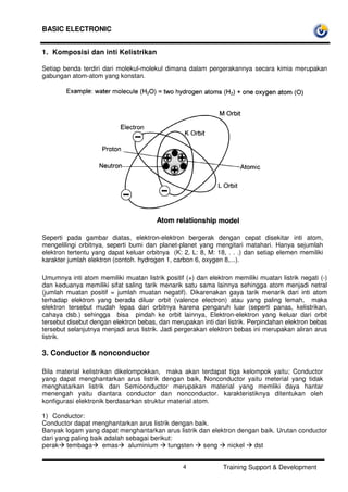 BASIC ELECTRONIC
Training Support & Development4
1. Komposisi dan inti Kelistrikan
Setiap benda terdiri dari molekul-molekul dimana dalam pergerakannya secara kimia merupakan
gabungan atom-atom yang konstan.
Seperti pada gambar diatas, elektron-elektron bergerak dengan cepat disekitar inti atom,
mengelilingi orbitnya, seperti bumi dan planet-planet yang mengitari matahari. Hanya sejumlah
elektron tertentu yang dapat keluar orbitnya (K: 2, L: 8, M: 18, . . .) dan setiap elemen memiliki
karakter jumlah elektron (contoh. hydrogen 1, carbon 6, oxygen 8,...).
Umumnya inti atom memiliki muatan listrik positif (+) dan elektron memiliki muatan listrik negati (-)
dan keduanya memiliki sifat saling tarik menarik satu sama lainnya sehingga atom menjadi netral
(jumlah muatan positif = jumlah muatan negatif). Dikarenakan gaya tarik menarik dari inti atom
terhadap elektron yang berada diluar orbit (valence electron) atau yang paling lemah, maka
elektron tersebut mudah lepas dari orbitnya karena pengaruh luar (seperti panas, kelistrikan,
cahaya dsb.) sehingga bisa pindah ke orbit lainnya, Elektron-elektron yang keluar dari orbit
tersebut disebut dengan elektron bebas, dan merupakan inti dari listrik. Perpindahan elektron bebas
tersebut selanjutnya menjadi arus listrik. Jadi pergerakan elektron bebas ini merupakan aliran arus
listrik.
3. Conductor & nonconductor
Bila material kelistrikan dikelompokkan, maka akan terdapat tiga kelompok yaitu; Conductor
yang dapat menghantarkan arus listrik dengan baik, Nonconductor yaitu meterial yang tidak
menghatarkan listrik dan Semiconductor merupakan material yang memliki daya hantar
menengah yaitu diantara conductor dan nonconductor. karakteristiknya ditentukan oleh
konfigurasi elektronik berdasarkan struktur material atom.
1) Conductor:
Conductor dapat menghantarkan arus listrik dengan baik.
Banyak logam yang dapat menghantarkan arus listrik dan elektron dengan baik. Urutan conductor
dari yang paling baik adalah sebagai berikut:
perak tembaga emas aluminium tungsten seng nickel dst
 