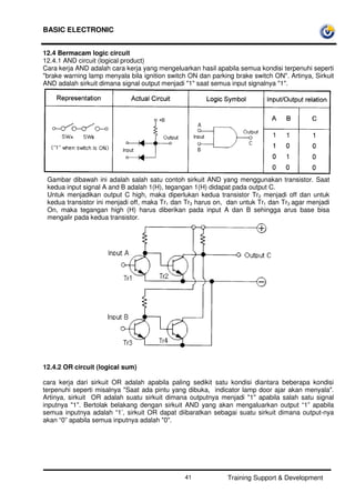 BASIC ELECTRONIC
Training Support & Development41
12.4 Bermacam logic circuit
12.4.1 AND circuit (logical product)
Cara kerja AND adalah cara kerja yang mengeluarkan hasil apabila semua kondisi terpenuhi seperti
"brake warning lamp menyala bila ignition switch ON dan parking brake switch ON". Artinya, Sirkuit
AND adalah sirkuit dimana signal output menjadi "1" saat semua input signalnya "1".
Gambar dibawah ini adalah salah satu contoh sirkuit AND yang menggunakan transistor. Saat
kedua input signal A and B adalah 1(H), tegangan 1(H) didapat pada output C.
Untuk menjadikan output C high, maka diperlukan kedua transistor Tr2 menjadi off dan untuk
kedua transistor ini menjadi off, maka Tr1 dan Tr3 harus on, dan untuk Tr1 dan Tr3 agar menjadi
On, maka tegangan high (H) harus diberikan pada input A dan B sehingga arus base bisa
mengalir pada kedua transistor.
12.4.2 OR circuit (logical sum)
cara kerja dari sirkuit OR adalah apabila paling sedikit satu kondisi diantara beberapa kondisi
terpenuhi seperti misalnya "Saat ada pintu yang dibuka, indicator lamp door ajar akan menyala".
Artinya, sirkuit OR adalah suatu sirkuit dimana outputnya menjadi "1" apabila salah satu signal
inputnya "1". Bertolak belakang dengan sirkuit AND yang akan mengaluarkan output “1” apabila
semua inputnya adalah “1’, sirkuit OR dapat diibaratkan sebagai suatu sirkuit dimana output-nya
akan “0” apabila semua inputnya adalah "0".
 