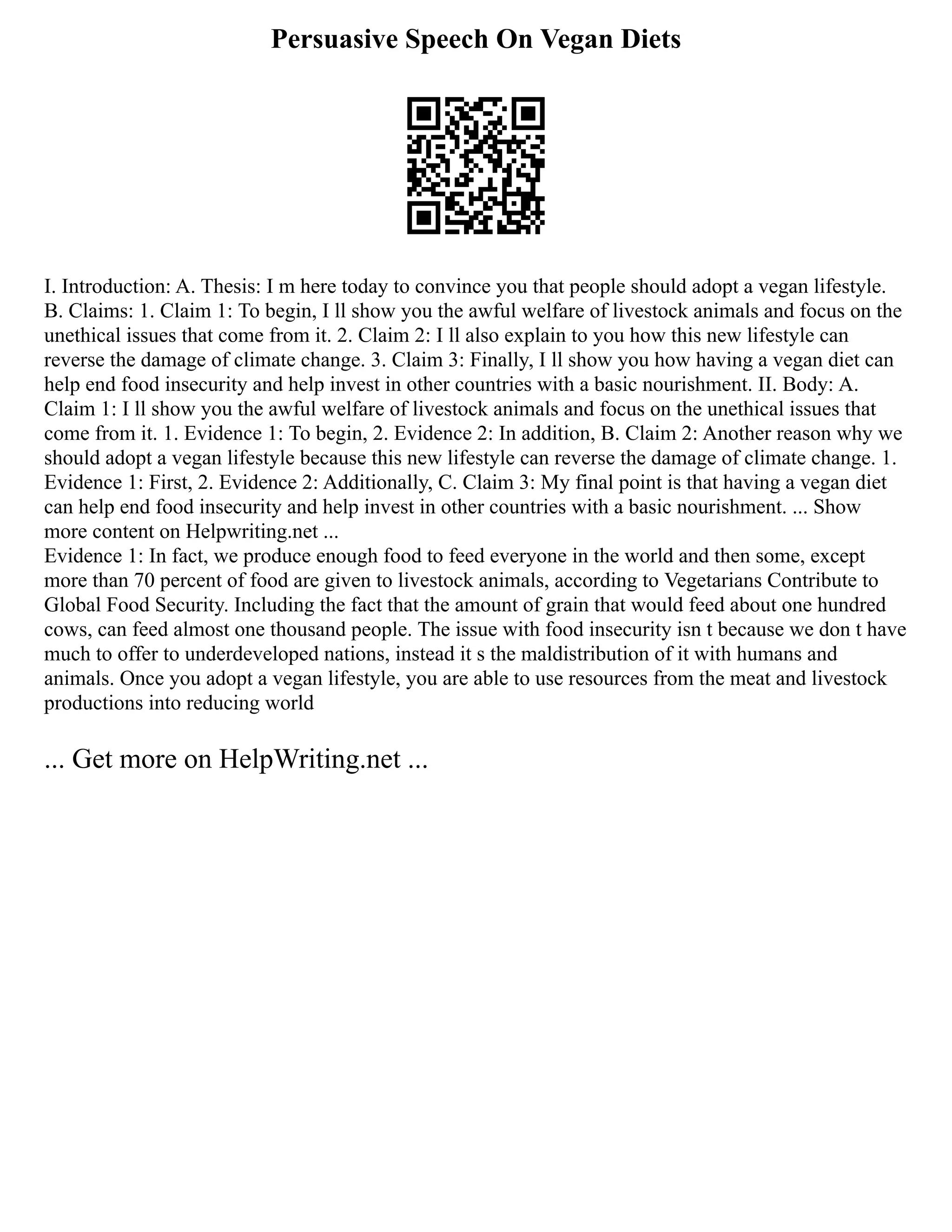 Persuasive Speech On Vegan Diets
I. Introduction: A. Thesis: I m here today to convince you that people should adopt a vegan lifestyle.
B. Claims: 1. Claim 1: To begin, I ll show you the awful welfare of livestock animals and focus on the
unethical issues that come from it. 2. Claim 2: I ll also explain to you how this new lifestyle can
reverse the damage of climate change. 3. Claim 3: Finally, I ll show you how having a vegan diet can
help end food insecurity and help invest in other countries with a basic nourishment. II. Body: A.
Claim 1: I ll show you the awful welfare of livestock animals and focus on the unethical issues that
come from it. 1. Evidence 1: To begin, 2. Evidence 2: In addition, B. Claim 2: Another reason why we
should adopt a vegan lifestyle because this new lifestyle can reverse the damage of climate change. 1.
Evidence 1: First, 2. Evidence 2: Additionally, C. Claim 3: My final point is that having a vegan diet
can help end food insecurity and help invest in other countries with a basic nourishment. ... Show
more content on Helpwriting.net ...
Evidence 1: In fact, we produce enough food to feed everyone in the world and then some, except
more than 70 percent of food are given to livestock animals, according to Vegetarians Contribute to
Global Food Security. Including the fact that the amount of grain that would feed about one hundred
cows, can feed almost one thousand people. The issue with food insecurity isn t because we don t have
much to offer to underdeveloped nations, instead it s the maldistribution of it with humans and
animals. Once you adopt a vegan lifestyle, you are able to use resources from the meat and livestock
productions into reducing world
... Get more on HelpWriting.net ...
 
