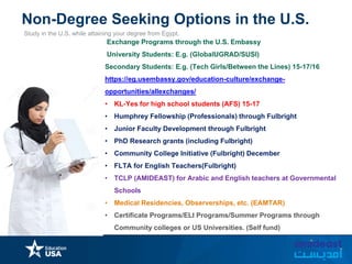 Non-Degree Seeking Options in the U.S.
Study in the U.S. while attaining your degree from Egypt.
Exchange Programs through the U.S. Embassy
University Students: E.g. (GlobalUGRAD/SUSI)
Secondary Students: E.g. (Tech Girls/Between the Lines) 15-17/16
https://eg.usembassy.gov/education-culture/exchange-
opportunities/allexchanges/
• KL-Yes for high school students (AFS) 15-17
• Humphrey Fellowship (Professionals) through Fulbright
• Junior Faculty Development through Fulbright
• PhD Research grants (including Fulbright)
• Community College Initiative (Fulbright) December
• FLTA for English Teachers(Fulbright)
• TCLP (AMIDEAST) for Arabic and English teachers at Governmental
Schools
• Medical Residencies, Observerships, etc. (EAMTAR)
• Certificate Programs/ELI Programs/Summer Programs through
Community colleges or US Universities. (Self fund)
 