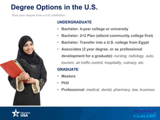 Degree Options in the U.S.
UNDERGRADUATE
• Bachelor: 4-year college or university
• Bachelor: 2+2 Plan (attend community college first)
• Bachelor: Transfer into a U.S. college from Egypt
• Associates (2 year degree, or as professional
development for a graduate): nursing, radiology, auto,
tourism, air traffic control, hospitality, culinary, etc.
GRADUATE
• Masters
• PhD
• Professional: medical, dental, pharmacy, law, business
Gain your degree from a U.S. institution.
 
