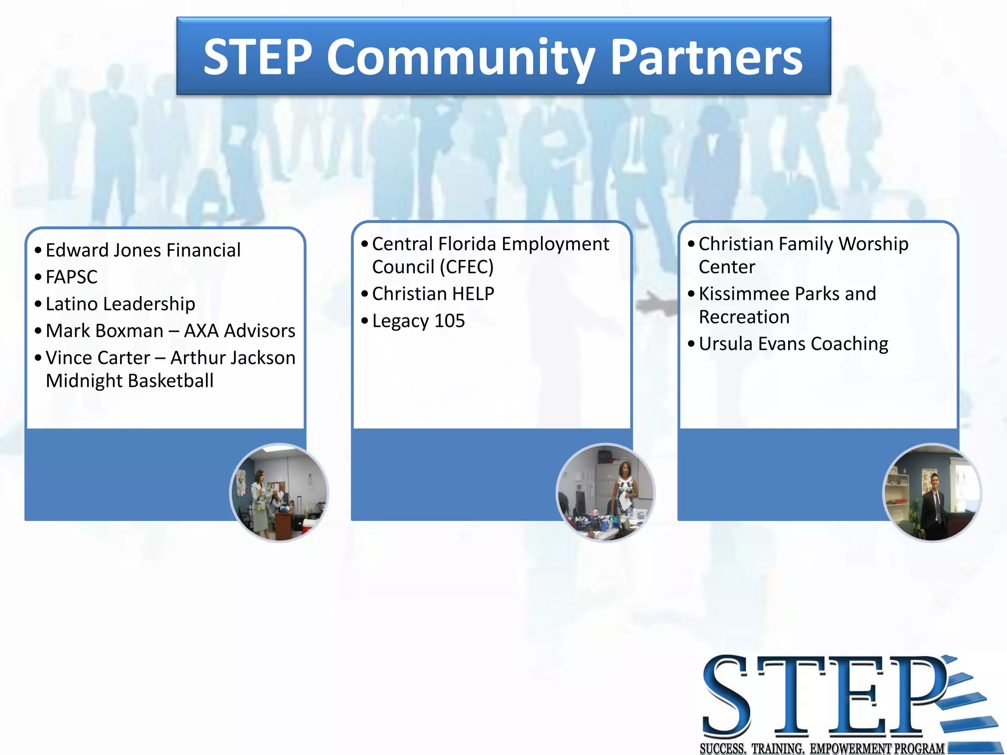 STEP Community Partners


• Edward Jones Financial          • Central Florida Employment   • Christian Family Worship
• FAPSC                             Council (CFEC)                 Center
• Latino Leadership               • Christian HELP               • Kissimmee Parks and
                                  • Legacy 105                     Recreation
• Mark Boxman – AXA Advisors
                                                                 • Ursula Evans Coaching
• Vince Carter – Arthur Jackson
  Midnight Basketball
 