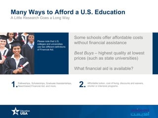 A Little Research Goes a Long Way
Many Ways to Afford a U.S. Education
Please note that U.S.
colleges and universities
use two different definitions
of Financial Aid.
1.Fellowships, Scholarships, Graduate Assistantships,
Need-based Financial Aid, and more. 2. Affordable tuition, cost of living, discounts and waivers,
shorter or intensive programs.
Some schools offer affordable costs
without financial assistance
Best Buys – highest quality at lowest
prices (such as state universities)
What financial aid is available?
 