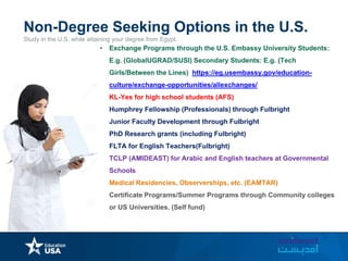 Study in the U.S. while attaining your degree from Egypt.
Non-Degree Seeking Options in the U.S.
• Exchange Programs through the U.S. Embassy University Students:
E.g. (GlobalUGRAD/SUSI) Secondary Students: E.g. (Tech
Girls/Between the Lines) https://eg.usembassy.gov/education-
culture/exchange-opportunities/allexchanges/
• KL-Yes for high school students (AFS)
• Humphrey Fellowship (Professionals) through Fulbright
• Junior Faculty Development through Fulbright
• PhD Research grants (including Fulbright)
• FLTA for English Teachers(Fulbright)
• TCLP (AMIDEAST) for Arabic and English teachers at Governmental
Schools
• Medical Residencies, Observerships, etc. (EAMTAR)
• Certificate Programs/Summer Programs through Community colleges
or US Universities. (Self fund)
 