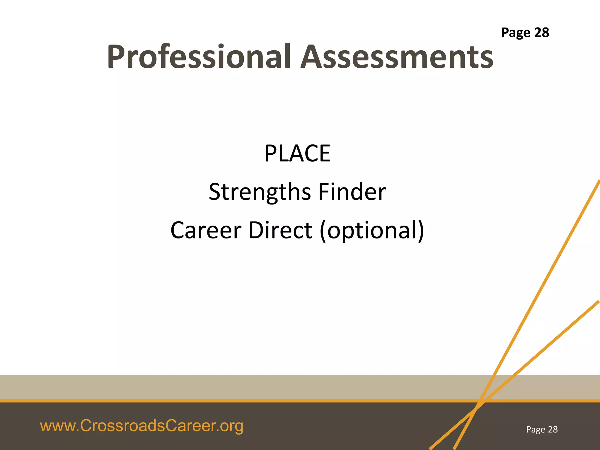 www.CrossroadsCareer.org
Professional Assessments
PLACE
Strengths Finder
Career Direct (optional)
Page 28
Page 28
 