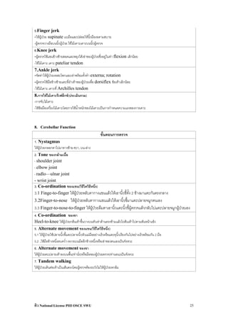 5.Finger jerk
-ใหผูปวย supinate แบมือและปลอยใหนิ้วมืองอตามสบาย
-ผูตรวจวางมือบนนิ้วผูปวย ใชไมเคาะเคาะบนนิ้วผูตรวจ
6.Knee jerk
-ผูตรวจใชแขนขางซายสอดและพยุงใตเขาของผูปวยซึ่งอยูในทา flexion เล็กนอย
-ใชไมเคาะ เคาะ pateliar tendon
7.Ankle jerk
-จัดทาใหผูปวยงอสะโพกและเขาพรอมทั้งทํา externa; rotation
-ผูตรวจใชมือขางซายแตะที่ฝาเทาของผูปวยเพื่อ dorsiflex ขอเทาเล็กนอย
-ใชไมเคาะ เคาะที่ Archilles tendon
8.การใชไมเคาะรีเฟล็กซ(ประเมินรวม)
-การจับไมเคาะ
-ใชขอมือเหวี่ยงไมเคาะโดยการใชน้ําหนักของไมเคาะเปนการกําหนดความแรงของการเคาะ



8. Cerebellar Function
                                                      ขั้นตอนการตรวจ
1. Nystagmus
ใหผูปวยกลอกตาไปมาทางซาย-ขวา, บน-ลาง
2. Tone ของกลามเนื้อ
- shoulder joint
- elbow joint
- radlo—ulnar joint
- wrist joint
3. Co-ordination ของแขน(วิธใดวิธีหนึ่ง)
                              ี
3.1 Finge-to-finger ใหผูปวยหลับตากางแขนแลวใหเอานิ้วชี้ทั้ง 2 ขางมาแตะกันตรงกลาง
3.2Finger-to-nose ใหผูปวยหลับตากางแขนแลวใหเอานิ้วชี้มาแตะปลายจมูกตนเอง
3.3 Finger-to-nose-to-finger ใหผูปวยลืมตาเอานิ้วแตะนิ้วชี้ผูตรวจแลวกลับไปแตะปลายจมูกผูปวยเอง
4. Co-ordination ของขา
Heel-to-knee ใหผูปวยกสนเทาขึ้นวางบนหัวเขาดานตรงขามแลวไถสนเทาไปตามสันหนาแขง
5. Alternate movement ของแขน(วิธีใดวิธีหนึง)                ่
5.1 ใหผูปวยใชปลายนิ้วชี้แตะปลายนิ้วหัวแมมืออยางเร็วหรือแตะทุนิ้วเรียงกันไปอยางเร็วพรอมกัน 2 มือ
5.2 .ใชมือขางหนึ่งตบคว่ํา-หงายบนมืออีกขางหนึ่งหรือเขาของตนเองเปนจังหวะ
6. Alternate movement ของขา
ใหผูปวยตบปลายเทาลงบนพื้น(ทานัง)หรือมือของผูปวยตรวจ(ทานอน)เปนจังหวะ
                                  ่
7. Tandem walking
ใหผูปวยเดินตอเทาเปนเสนตรงโดยผูตรวจตองระวังไมใหผูปวยหกลม




ติว National License PIII OSCE SWU                                                                        25
 