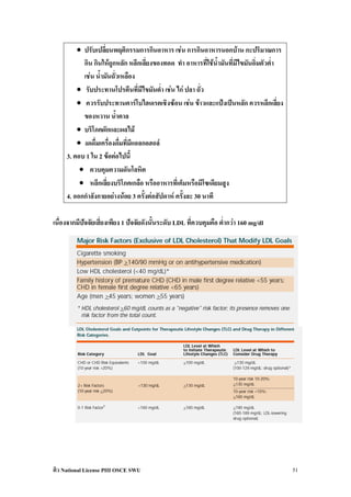 • ปรับเปลี่ยนพฤติกรรมการกินอาหาร เชน การกินอาหารนอกบาน กะปริมาณการ
           กิน กินใหถูกหลัก หลีกเลี่ยงของทอด ทํา อาหารที่ใชน้ํามันที่มีไขมันอิ่มตัวต่ํา
           เชน น้ํามันถั่วเหลือง
         • รับประทานโปรตีนที่มไขมันต่ํา เชน ไก ปลา ถั่ว
                                   ี
         • ควรรับประทานคารโบไฮเดรตเชิงซอน เชน ขาวและแปงเปนหลัก ควรหลีกเลี่ยง
           ของหวาน น้ําตาล
         • บริโภคผักและผลไม
         • งดดื่มเครื่องดืมที่มีแอลกอฮอล
                           ่
     3. ตอบ 1 ใน 2 ขอตอไปนี้
          • ควบคุมความดันโลหิต
          • หลีกเลี่ยงบริโภคเกลือ หรืออาหารที่เค็มหรือมีโซเดียมสูง
     4. ออกกําลังกายอยางนอย 3 ครั้งตอสัปดาห ครั้งละ 30 นาที

เนื่องจากมีปจจัยเสี่ยงเพียง 1 ปจจัยดังนั้นระดับ LDL ที่ควบคุมคือ ต่ากวา 160 mg/dl
                                                                     ํ




ติว National License PIII OSCE SWU                                                          51
 