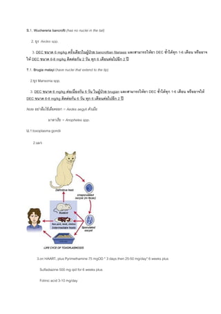 S.1. Wuchereria bancrofti (has no nuclei in the tail)

   2. ยุง Aedes spp.

    3. DEC ขนาด 6 mg/kg ครั้งเดียวในผูปวย bancroftian filariasis และสามารถใหยา DEC ซ้ําไดทุก 1-6 เดือน หรืออาจ
ให DEC ขนาด 6-8 mg/kg ติดตอกัน 2 วัน ทุก 6 เดือนตอไปอีก 2 ป

T.1. Brugia malayi (have nuclei that extend to the tip)

  2.ยุง Mansonia spp.

  3. DEC ขนาด 6 mg/kg ตอเนื่องกัน 6 วัน ในผูปวย brugian และสามารถใหยา DEC ซ้ําไดทุก 1-6 เดือน หรืออาจให
DEC ขนาด 6-8 mg/kg ติดตอกัน 6 วัน ทุก 6 เดือนตอไปอีก 2 ป

Note อยาลืมไขเลือดออก = Aedes aegyti ตัวเมีย

              มาลาเรีย = Anopheles spp.

U.1.toxoplasma gondii

    2.แมว




       3.on HAART, plus Pyrimethamine 75 mgOD * 3 days then 25-50 mg/day* 6 weeks plus

         Sulfadiazine 500 mg qid for 6 weeks plus

        Folinic acid 3-10 mg/day


                                                                                                                 28
 