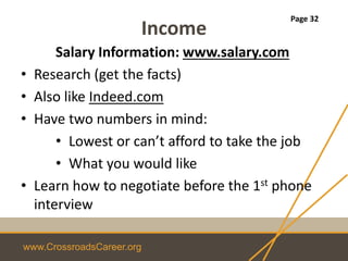www.CrossroadsCareer.org
Income
Salary Information: www.salary.com
• Research (get the facts)
• Also like Indeed.com
• Have two numbers in mind:
• Lowest or can’t afford to take the job
• What you would like
• Learn how to negotiate before the 1st phone
interview
Page 32
 