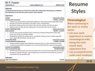 www.CrossroadsCareer.org
Resume
Styles
39-40
Chronological:
When continuing in
the same or similar
career
• List your work
experience in reverse
chronological order,
listing the most
recent work
experience first
• List accomplishments
under each employer
 