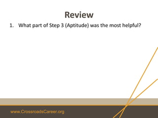 www.CrossroadsCareer.org
Review
1. What part of Step 3 (Aptitude) was the most helpful?
 