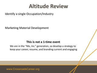 www.CrossroadsCareer.org
Altitude Review
Identify a single Occupation/Industry
Marketing Material Development
This is not a 1-time event
We are in the “Me, Inc.” generation, so develop a strategy to
keep your career, resume, and branding current and engaging
 