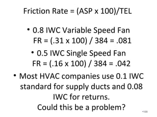Our goal is to maximize the total
available static pressure by the
following:
• Using a higher rated fan such as a 0.8 IWC
rated variable speed fan.
• Minimizing pressure drops.
• Minimizing the total effective length of the
duct system.
• (Increase) FR = (Increase)ASP x 100 /
(Decrease)TEL
•108
 