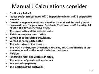 Manual J Calculations consider
• Q = U Value x Area X Delta T
• Indoor design temperatures of 70 degrees for winter and 75 degrees for
summer.
• Outdoor design temperatures based on 1% of the of the peak / worst
case conditions for your area. Decatur is 93 summer and 16 winter. 24
hours x 365 days x 1% = 87.6 hours.
• Delta T for cooling is 93-75 = 18 Delta T for heating is 70-16 = 54
• The construction of the exterior walls.
• Slab or crawlspace construction.
• Vented or encapsulated crawlspace.
• Vented or encapsulated attic.
• The orientation of the house. East or West is worse than North or South.
• The type, number, size, orientation, U-Value, SHGC, and shading of the
windows as well as the interior window treatments. 30/30 Rule!
• R-Values.
• Infiltration rates and ventilation rates.
• The number of people and appliances.200latent/230Sens/500WD/1200K
• The type of equipment.
• The location of the ductwork. •29
 