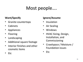 Most people….
Want/Specify
• Granite countertops
• Cabinets
• Appliances
• Flooring
• Landscaping
• Additional square footage
• Interior finishes and other
cosmetic items
• Etc
Ignore/Assume
• Insulation
• Air Sealing
• Windows
• HVAC Sizing, Design,
Installation, and
Commissioning
• Crawlspace / Moisture /
Foundation issues
• Etc
•6
 