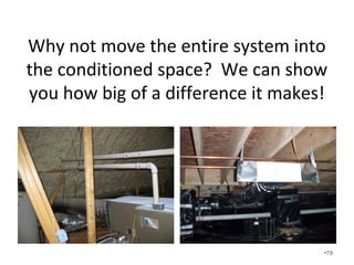 In heating mode when the unit
doesn’t run except for short
periods…
• The warm air in the ductwork gets cold
when the unit turns off.
• When the unit starts back up you are
“blasted” with this cold air.
• Combined with “cold spots” throughout
the home, comfort is greatly affected.
•79
 