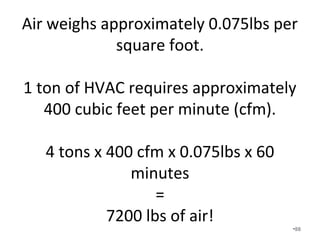 Why is a 0.8 IWC variable speed air
handler necessary?
• Duct systems have increased in size total length due to larger homes.
• Fins in “energy efficient” coils are more closely packed together and thus
restrict airflow.
• Filters, and restrictive, undersized ducts require fans with higher rated
static pressure.
• It starts up slowly and uses less energy initially.
• A single speed fan that is not moving the proper amount of air cannot just
work harder.
• It is able to ramp up and move the proper amount of air or ramp down
and dehumidify.
• Variable speed fans should not be used in place of poor duct design
because it increases the fan watt draw.
• Zoning is rarely needed in today’s homes but when it is a variable speed
fan is mandatory for zoning.
• Don’t let the replacement cost of a variable speed motor over a single
speed motor keep you from buying one!!! •88
 