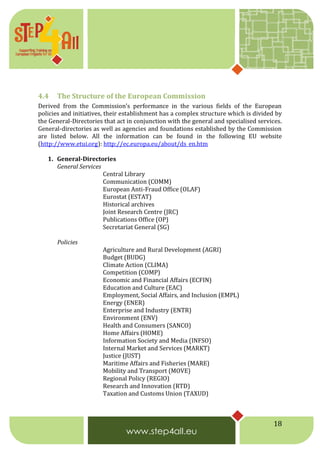 18
4.4 The Structure of the European Commission
Derived from the Commission’s performance in the various fields of the European
policies and initiatives, their establishment has a complex structure which is divided by
the General-Directories that act in conjunction with the general and specialised services.
General-directories as well as agencies and foundations established by the Commission
are listed below. All the information can be found in the following EU website
(http://www.etui.org): http://ec.europa.eu/about/ds_en.htm
1. General-Directories
General Services
Central Library
Communication (COMM)
European Anti-Fraud Office (OLAF)
Eurostat (ESTAT)
Historical archives
Joint Research Centre (JRC)
Publications Office (OP)
Secretariat General (SG)
Policies
Agriculture and Rural Development (AGRI)
Budget (BUDG)
Climate Action (CLIMA)
Competition (COMP)
Economic and Financial Affairs (ECFIN)
Education and Culture (EAC)
Employment, Social Affairs, and Inclusion (EMPL)
Energy (ENER)
Enterprise and Industry (ENTR)
Environment (ENV)
Health and Consumers (SANCO)
Home Affairs (HOME)
Information Society and Media (INFSO)
Internal Market and Services (MARKT)
Justice (JUST)
Maritime Affairs and Fisheries (MARE)
Mobility and Transport (MOVE)
Regional Policy (REGIO)
Research and Innovation (RTD)
Taxation and Customs Union (TAXUD)
 
