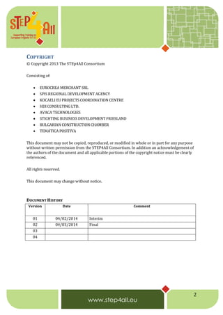 2
COPYRIGHT
© Copyright 2013 The STEp4All Consortium
Consisting of:
 EUROCREA MERCHANT SRL
 SPIS REGIONAL DEVELOPMENT AGENCY
 KOCAELI EU PROJECTS COORDINATION CENTRE
 HDI CONSULTING LTD.
 AVACA TECHNOLOGIES
 STICHTING BUSINESS DEVELOPMENT FRIESLAND
 BULGARIAN CONSTRUCTION CHAMBER
 TEMÁTICA POSITIVA
This document may not be copied, reproduced, or modified in whole or in part for any purpose
without written permission from the STEP4All Consortium. In addition an acknowledgement of
the authors of the document and all applicable portions of the copyright notice must be clearly
referenced.
All rights reserved.
This document may change without notice.
DOCUMENT HISTORY
Version Date Comment
01 04/02/2014 Interim
02 04/03/2014 Final
03
04
 