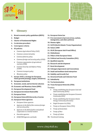 36
9 Glossary
1. Broad economic policy guidelines (BEPG)
2. Budget
3. Charter of Fundamental Rights
4. Co-decision procedure
5. Convergence criteria
6. EU policies:
 Common Agricultural Policy (CAP)
 Common commercial policy
 Common fisheries policy
 Common foreign and security policy (CFSP)
 Common organisation of agricultural
markets (COM)
 Common Security and Defence Policy
(CSDP)
 Common transport policy
 Monetary policy
7. Europe 2020: a strategy for European
Union growth (strategy, targets, initiatives)
8. European institutions
9. Economic, social, and territorial cohesion
10. Economic and Monetary Union (EMU)
11. European Development Fund
12. European Investment Bank (EIB)
13. European Union
14. European Union (EU) hierarchy of norms
15. European Union agencies:
 European Union agencies
 Agencies in the field of the common foreign
and security policy
 Agencies in the field of police and judicial
cooperation in criminal matters
 Executive agencies
 EURATOM Agencies and bodie
16. European Union law
17. Free movement of persons (visas, asylum,
immigration, and other policies)
18. Human rights
19. NATO (North Atlantic Treaty Organisation)
20. Natura 2000
21. OLAF (European Anti-Fraud Office)
22. Ombudsman
23. Pillars of the European Union
24. Political and Security Committee (PSC)
25. Qualified majority
26. Research and development
27. Rural development
28. Schengen (Agreement and Convention)
29. Small and medium-sized enterprises
30. Stability and Growth Pact
31. Structural Funds and Cohesion Fund
32. Subsidiarity
33. Tax harmonisation
34. Trans-European Networks (TEN)
Treaties:
 Treaty establishing the European Coal and
Steel Community (ECSC)
 Treaty establishing the European Economic
Community (EEC)
 Treaty establishing the European Atomic
Energy Community (Euratom)
 Single European Act (SEA)
 Treaty on European Union (TEU)
 Treaty of Amsterdam
 Treaty of Nice
 Treaty of Lisbon
35. Vocational training
 