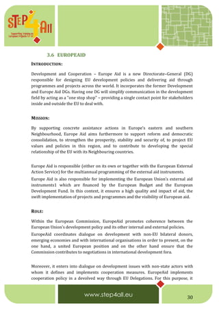 30
3.6 EUROPEAID
INTRODUCTION:
Development and Cooperation – Europe Aid is a new Directorate–General (DG)
responsible for designing EU development policies and delivering aid through
programmes and projects across the world. It incorporates the former Development
and Europe Aid DGs. Having one DG will simplify communication in the development
field by acting as a "one stop shop" – providing a single contact point for stakeholders
inside and outside the EU to deal with.
MISSION:
By supporting concrete assistance actions in Europe's eastern and southern
Neighbourhood, Europe Aid aims furthermore to support reform and democratic
consolidation, to strengthen the prosperity, stability and security of, to project EU
values and policies in this region, and to contribute to developing the special
relationship of the EU with its Neighbouring countries.
Europe Aid is responsible (either on its own or together with the European External
Action Service) for the multiannual programming of the external aid instruments.
Europe Aid is also responsible for implementing the European Union’s external aid
instruments1 which are financed by the European Budget and the European
Development Fund. In this context, it ensures a high quality and impact of aid, the
swift implementation of projects and programmes and the visibility of European aid.
ROLE:
Within the European Commission, EuropeAid promotes coherence between the
European Union’s development policy and its other internal and external policies.
EuropeAid coordinates dialogue on development with non-EU bilateral donors,
emerging economies and with international organisations in order to present, on the
one hand, a united European position and on the other hand ensure that the
Commission contributes to negotiations in international development fora.
Moreover, it enters into dialogue on development issues with non-state actors with
whom it defines and implements cooperation measures. EuropeAid implements
cooperation policy in a devolved way through EU Delegations. For this purpose, it
 