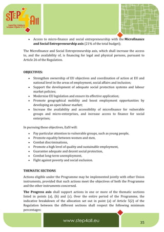 35
 Access to micro-finance and social entrepreneurship with the Microfinance
and Social Entrepreneurship axis (21% of the total budget);
The Microfinance and Social Entrepreneurship axis, which shall increase the access
to, and the availability of, is financing for legal and physical persons, pursuant to
Article 26 of the Regulation.
OBJECTIVES:
 Strengthen ownership of EU objectives and coordination of action at EU and
national level in the areas of employment, social affairs and inclusion;
 Support the development of adequate social protection systems and labour
market policies;
 Modernise EU legislation and ensure its effective application;
 Promote geographical mobility and boost employment opportunities by
developing an open labour market;
 Increase the availability and accessibility of microfinance for vulnerable
groups and micro-enterprises, and increase access to finance for social
enterprises;
In pursuing these objectives, EaSI will:
 Pay particular attention to vulnerable groups, such as young people,
 Promote equality between women and men,
 Combat discriminations,
 Promote a high level of quality and sustainable employment,
 Guarantee adequate and decent social protection,
 Combat long-term unemployment,
 Fight against poverty and social exclusion.
THEMATIC SECTIONS
Actions eligible under the Programme may be implemented jointly with other Union
instruments, provided that such actions meet the objectives of both the Programme
and the other instruments concerned.
The Progress axis shall support actions in one or more of the thematic sections
listed in points (a), (b) and (c). Over the entire period of the Programme, the
indicative breakdown of the allocation set out in point (a) of Article 5(2) of the
Regulation between the different sections shall respect the following minimum
percentages:
 