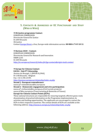 53
5. CONTACTS & ADDRESSES OF EC FUNCTIONARY AND STAFF
(WHO IS WHO)
 DG Justice programme Contact:
EUROPEAN COMMISSION
Directorate General for Justice
B-1049 Brussels
DG Justice
Contact Europe Direct, a free, Europe-wide information service: 00 800 6 7 8 9 10 11
 Horizon 2020 – Contact:
EUROPEAN COMMISSION
Directorate General for Research and Innovation
ORBN 2/65
B-1049 Brussels
http://ec.europa.eu/research/index.cfm?pg=contacts&origin=tools-contact
 Europe for Citizens Contact:
EACEA - Unit P7 Citizenship
Avenue du Bourget, 1 (BOUR 01/04A)
B-1140 Brussels - Belgium
Fax: +32 2 296 23 89;
http://eacea.ec.europa.eu/citizenship/index_en.php
Strand 1 -European remembrance:
eacea-p7-remembrance@ec.europa.eu
Strand 2 - Democratic engagement and civic participation:
eacea-p7-civilsociety@ec.europa.eu (Civil society projects)
eacea-p7@ec.europa.eu (Town twinning & Networks of Towns)
Europe for Citizens Contact Points (ECPs)
These national structures are responsible for ensuring targeted, effective grass-roots
dissemination of practical information on the Programme implementation, its
activities and funding opportunities. The applicants are encouraged to contact the
ECPs in their respective countries. The contact details of ECPs are available at the
following address: http://eacea.ec.europa.eu/citizenship/index_en.php
 