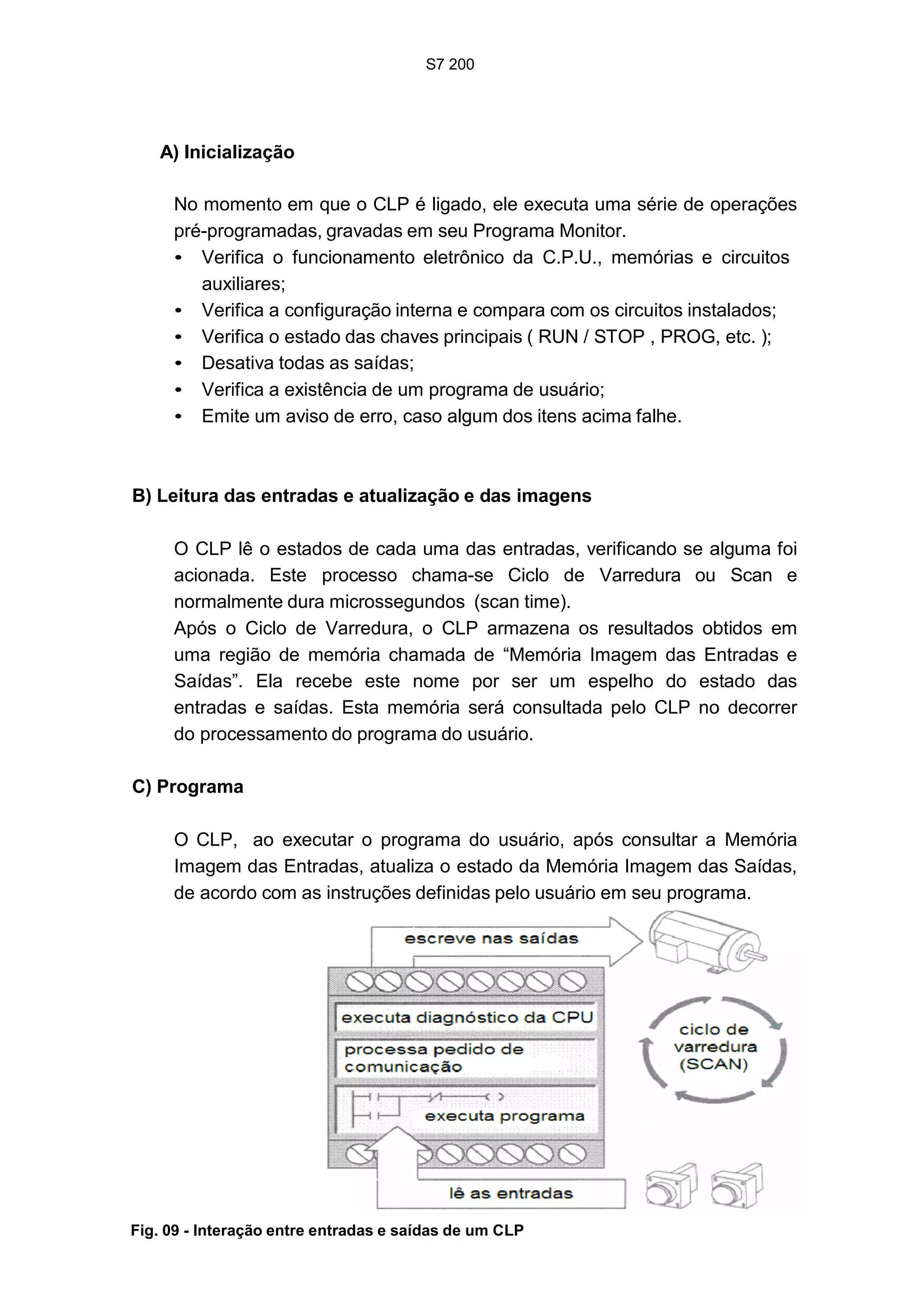 S7 200
25
A) Inicialização
No momento em que o CLP é ligado, ele executa uma série de operações
pré-programadas, gravadas em seu Programa Monitor.
• Verifica o funcionamento eletrônico da C.P.U., memórias e circuitos
auxiliares;
• Verifica a configuração interna e compara com os circuitos instalados;
• Verifica o estado das chaves principais ( RUN / STOP , PROG, etc. );
• Desativa todas as saídas;
• Verifica a existência de um programa de usuário;
• Emite um aviso de erro, caso algum dos itens acima falhe.
B) Leitura das entradas e atualização e das imagens
O CLP lê o estados de cada uma das entradas, verificando se alguma foi
acionada. Este processo chama-se Ciclo de Varredura ou Scan e
normalmente dura microssegundos (scan time).
Após o Ciclo de Varredura, o CLP armazena os resultados obtidos em
uma região de memória chamada de “Memória Imagem das Entradas e
Saídas”. Ela recebe este nome por ser um espelho do estado das
entradas e saídas. Esta memória será consultada pelo CLP no decorrer
do processamento do programa do usuário.
C) Programa
O CLP, ao executar o programa do usuário, após consultar a Memória
Imagem das Entradas, atualiza o estado da Memória Imagem das Saídas,
de acordo com as instruções definidas pelo usuário em seu programa.
Fig. 09 - Interação entre entradas e saídas de um CLP
S7 200
25
A) Inicialização
No momento em que o CLP é ligado, ele executa uma série de operações
pré-programadas, gravadas em seu Programa Monitor.
• Verifica o funcionamento eletrônico da C.P.U., memórias e circuitos
auxiliares;
• Verifica a configuração interna e compara com os circuitos instalados;
• Verifica o estado das chaves principais ( RUN / STOP , PROG, etc. );
• Desativa todas as saídas;
• Verifica a existência de um programa de usuário;
• Emite um aviso de erro, caso algum dos itens acima falhe.
B) Leitura das entradas e atualização e das imagens
O CLP lê o estados de cada uma das entradas, verificando se alguma foi
acionada. Este processo chama-se Ciclo de Varredura ou Scan e
normalmente dura microssegundos (scan time).
Após o Ciclo de Varredura, o CLP armazena os resultados obtidos em
uma região de memória chamada de “Memória Imagem das Entradas e
Saídas”. Ela recebe este nome por ser um espelho do estado das
entradas e saídas. Esta memória será consultada pelo CLP no decorrer
do processamento do programa do usuário.
C) Programa
O CLP, ao executar o programa do usuário, após consultar a Memória
Imagem das Entradas, atualiza o estado da Memória Imagem das Saídas,
de acordo com as instruções definidas pelo usuário em seu programa.
Fig. 09 - Interação entre entradas e saídas de um CLP
S7 200
25
A) Inicialização
No momento em que o CLP é ligado, ele executa uma série de operações
pré-programadas, gravadas em seu Programa Monitor.
• Verifica o funcionamento eletrônico da C.P.U., memórias e circuitos
auxiliares;
• Verifica a configuração interna e compara com os circuitos instalados;
• Verifica o estado das chaves principais ( RUN / STOP , PROG, etc. );
• Desativa todas as saídas;
• Verifica a existência de um programa de usuário;
• Emite um aviso de erro, caso algum dos itens acima falhe.
B) Leitura das entradas e atualização e das imagens
O CLP lê o estados de cada uma das entradas, verificando se alguma foi
acionada. Este processo chama-se Ciclo de Varredura ou Scan e
normalmente dura microssegundos (scan time).
Após o Ciclo de Varredura, o CLP armazena os resultados obtidos em
uma região de memória chamada de “Memória Imagem das Entradas e
Saídas”. Ela recebe este nome por ser um espelho do estado das
entradas e saídas. Esta memória será consultada pelo CLP no decorrer
do processamento do programa do usuário.
C) Programa
O CLP, ao executar o programa do usuário, após consultar a Memória
Imagem das Entradas, atualiza o estado da Memória Imagem das Saídas,
de acordo com as instruções definidas pelo usuário em seu programa.
Fig. 09 - Interação entre entradas e saídas de um CLP
 