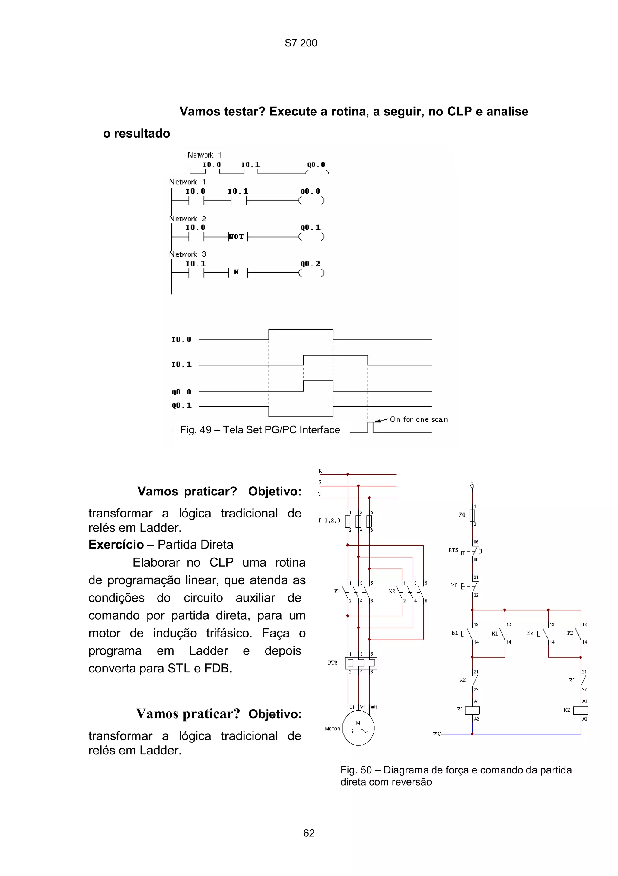 S7 200
62
Vamos testar? Execute a rotina, a seguir, no CLP e analise
o resultado
Fig. 49 – Tela Set PG/PC Interface
Vamos praticar? Objetivo:
transformar a lógica tradicional de
relés em Ladder.
Exercício – Partida Direta
Elaborar no CLP uma rotina
de programação linear, que atenda as
condições do circuito auxiliar de
comando por partida direta, para um
motor de indução trifásico. Faça o
programa em Ladder e depois
converta para STL e FDB.
Vamos praticar? Objetivo:
transformar a lógica tradicional de
relés em Ladder.
Fig. 50 – Diagrama de força e comando da partida
direta com reversão
 