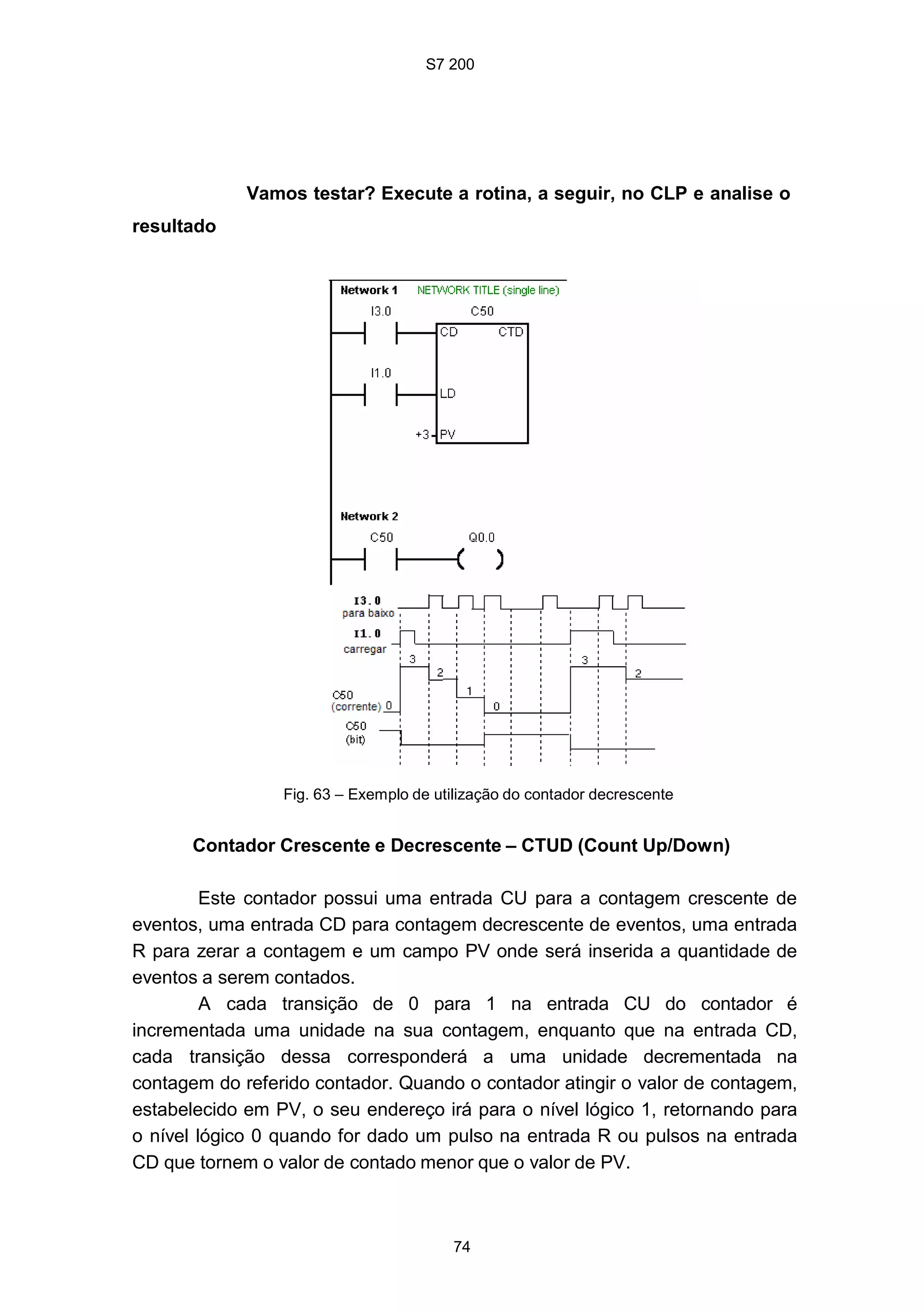 S7 200
74
Vamos testar? Execute a rotina, a seguir, no CLP e analise o
resultado
Fig. 63 – Exemplo de utilização do contador decrescente
Contador Crescente e Decrescente – CTUD (Count Up/Down)
Este contador possui uma entrada CU para a contagem crescente de
eventos, uma entrada CD para contagem decrescente de eventos, uma entrada
R para zerar a contagem e um campo PV onde será inserida a quantidade de
eventos a serem contados.
A cada transição de 0 para 1 na entrada CU do contador é
incrementada uma unidade na sua contagem, enquanto que na entrada CD,
cada transição dessa corresponderá a uma unidade decrementada na
contagem do referido contador. Quando o contador atingir o valor de contagem,
estabelecido em PV, o seu endereço irá para o nível lógico 1, retornando para
o nível lógico 0 quando for dado um pulso na entrada R ou pulsos na entrada
CD que tornem o valor de contado menor que o valor de PV.
 