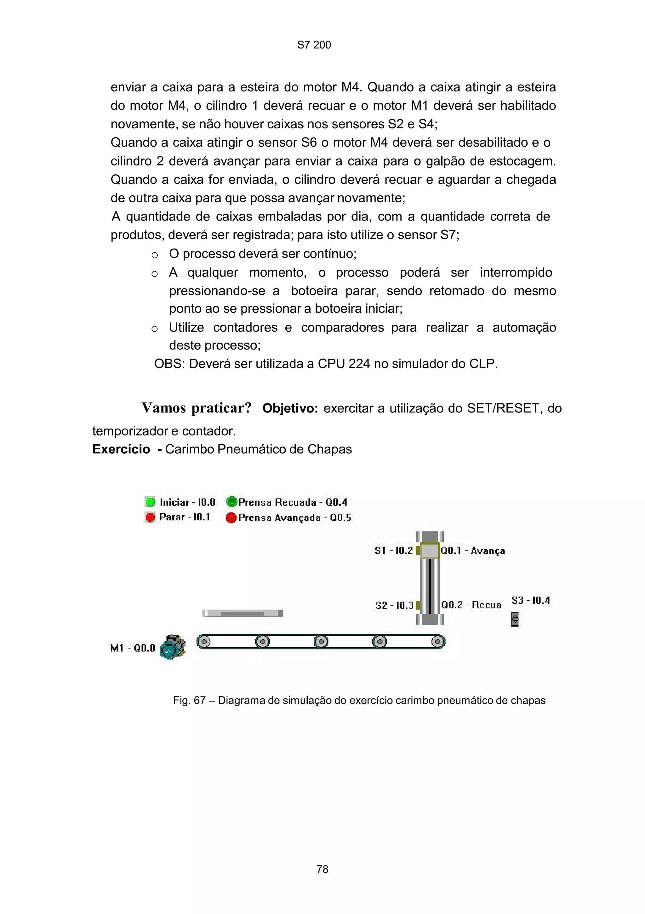 S7 200
78
enviar a caixa para a esteira do motor M4. Quando a caixa atingir a esteira
do motor M4, o cilindro 1 deverá recuar e o motor M1 deverá ser habilitado
novamente, se não houver caixas nos sensores S2 e S4;
Quando a caixa atingir o sensor S6 o motor M4 deverá ser desabilitado e o
cilindro 2 deverá avançar para enviar a caixa para o galpão de estocagem.
Quando a caixa for enviada, o cilindro deverá recuar e aguardar a chegada
de outra caixa para que possa avançar novamente;
A quantidade de caixas embaladas por dia, com a quantidade correta de
produtos, deverá ser registrada; para isto utilize o sensor S7;
o O processo deverá ser contínuo;
o A qualquer momento, o processo poderá ser interrompido
pressionando-se a botoeira parar, sendo retomado do mesmo
ponto ao se pressionar a botoeira iniciar;
o Utilize contadores e comparadores para realizar a automação
deste processo;
OBS: Deverá ser utilizada a CPU 224 no simulador do CLP.
Vamos praticar? Objetivo: exercitar a utilização do SET/RESET, do
temporizador e contador.
Exercício - Carimbo Pneumático de Chapas
Fig. 67 – Diagrama de simulação do exercício carimbo pneumático de chapas
 