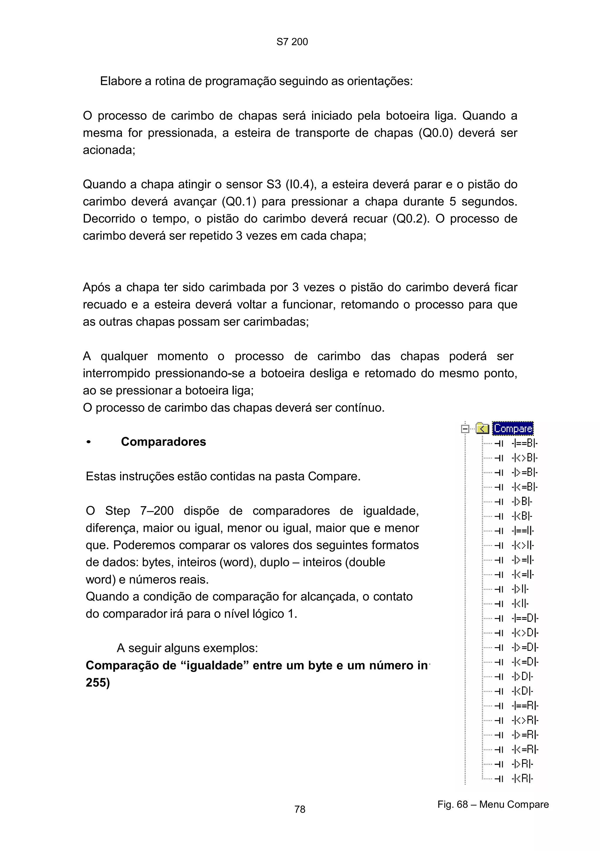 S7 200
teiro (entre 0 e
Elabore a rotina de programação seguindo as orientações:
O processo de carimbo de chapas será iniciado pela botoeira liga. Quando a
mesma for pressionada, a esteira de transporte de chapas (Q0.0) deverá ser
acionada;
Quando a chapa atingir o sensor S3 (I0.4), a esteira deverá parar e o pistão do
carimbo deverá avançar (Q0.1) para pressionar a chapa durante 5 segundos.
Decorrido o tempo, o pistão do carimbo deverá recuar (Q0.2). O processo de
carimbo deverá ser repetido 3 vezes em cada chapa;
Após a chapa ter sido carimbada por 3 vezes o pistão do carimbo deverá ficar
recuado e a esteira deverá voltar a funcionar, retomando o processo para que
as outras chapas possam ser carimbadas;
A qualquer momento o processo de carimbo das chapas poderá ser
interrompido pressionando-se a botoeira desliga e retomado do mesmo ponto,
ao se pressionar a botoeira liga;
O processo de carimbo das chapas deverá ser contínuo.
• Comparadores
Estas instruções estão contidas na pasta Compare.
O Step 7–200 dispõe de comparadores de igualdade,
diferença, maior ou igual, menor ou igual, maior que e menor
que. Poderemos comparar os valores dos seguintes formatos
de dados: bytes, inteiros (word), duplo – inteiros (double
word) e números reais.
Quando a condição de comparação for alcançada, o contato
do comparador irá para o nível lógico 1.
A seguir alguns exemplos:
Comparação de “igualdade” entre um byte e um número in
255)
78 Fig. 68 – Menu Compare
 