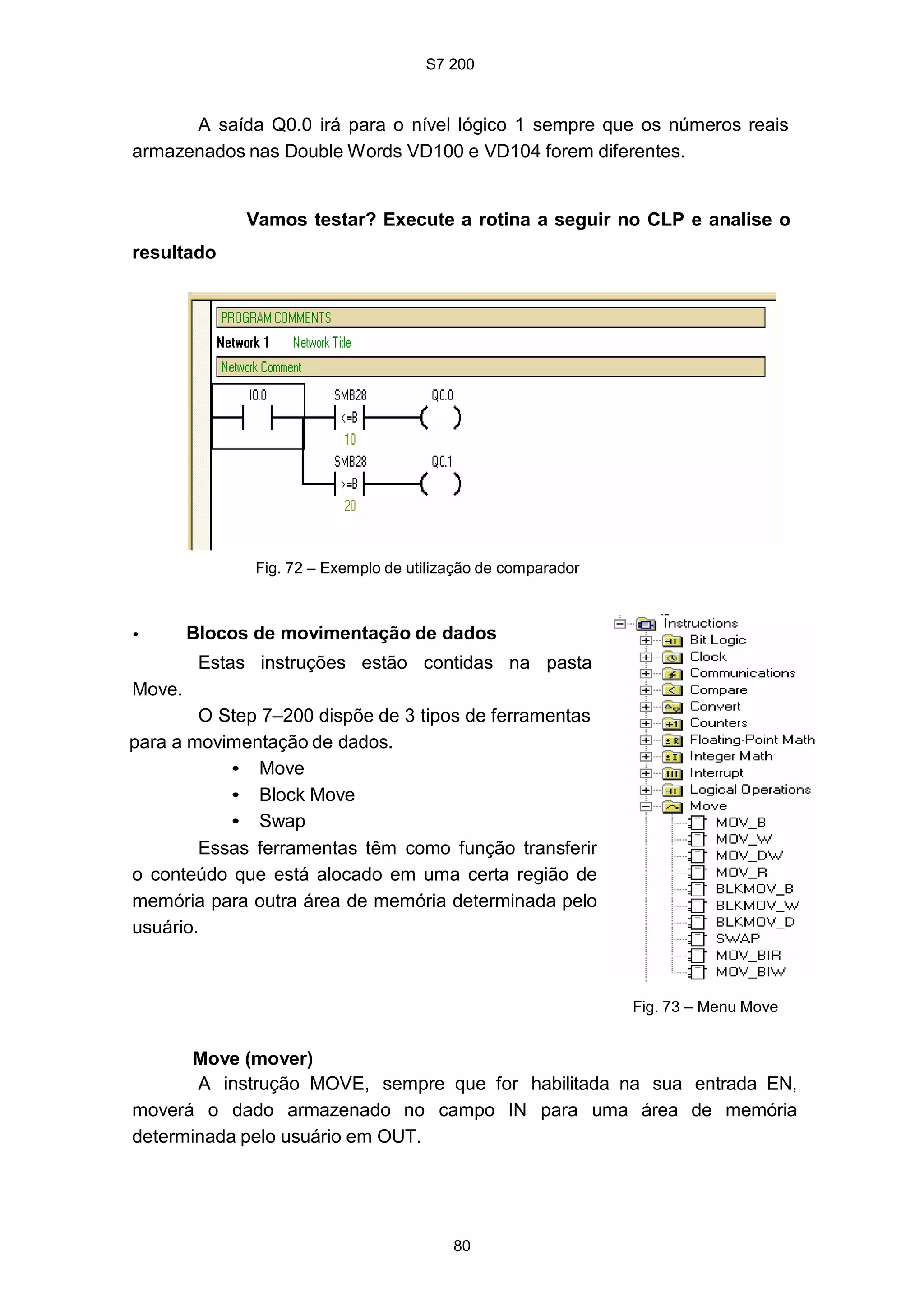 S7 200
80
A saída Q0.0 irá para o nível lógico 1 sempre que os números reais
armazenados nas Double Words VD100 e VD104 forem diferentes.
Vamos testar? Execute a rotina a seguir no CLP e analise o
resultado
Fig. 72 – Exemplo de utilização de comparador
• Blocos de movimentação de dados
Estas instruções estão contidas na pasta
Move.
O Step 7–200 dispõe de 3 tipos de ferramentas
para a movimentação de dados.
• Move
• Block Move
• Swap
Essas ferramentas têm como função transferir
o conteúdo que está alocado em uma certa região de
memória para outra área de memória determinada pelo
usuário.
Fig. 73 – Menu Move
Move (mover)
A instrução MOVE, sempre que for habilitada na sua entrada EN,
moverá o dado armazenado no campo IN para uma área de memória
determinada pelo usuário em OUT.
 