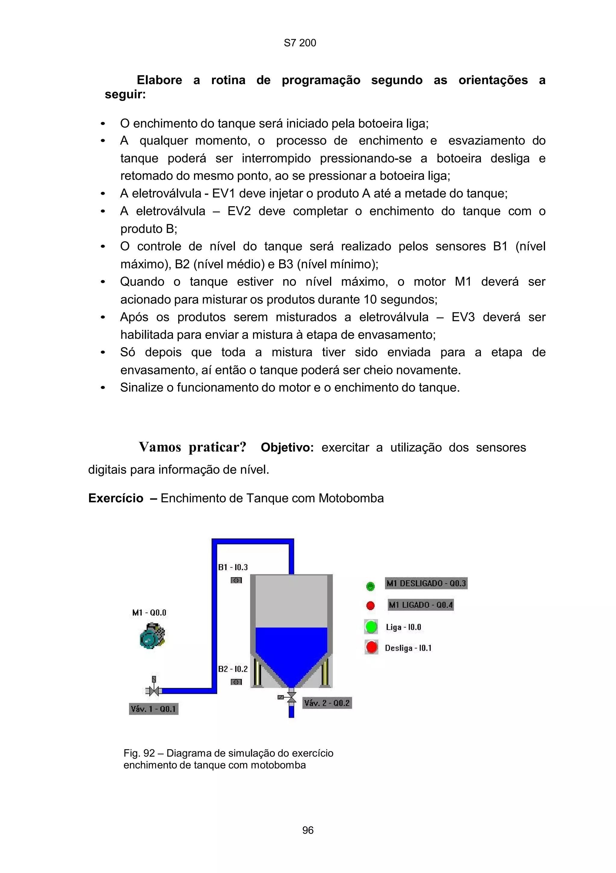 S7 200
96
Elabore a rotina de programação segundo as orientações a
seguir:
• O enchimento do tanque será iniciado pela botoeira liga;
• A qualquer momento, o processo de enchimento e esvaziamento do
tanque poderá ser interrompido pressionando-se a botoeira desliga e
retomado do mesmo ponto, ao se pressionar a botoeira liga;
• A eletroválvula - EV1 deve injetar o produto A até a metade do tanque;
• A eletroválvula – EV2 deve completar o enchimento do tanque com o
produto B;
• O controle de nível do tanque será realizado pelos sensores B1 (nível
máximo), B2 (nível médio) e B3 (nível mínimo);
• Quando o tanque estiver no nível máximo, o motor M1 deverá ser
acionado para misturar os produtos durante 10 segundos;
• Após os produtos serem misturados a eletroválvula – EV3 deverá ser
habilitada para enviar a mistura à etapa de envasamento;
• Só depois que toda a mistura tiver sido enviada para a etapa de
envasamento, aí então o tanque poderá ser cheio novamente.
• Sinalize o funcionamento do motor e o enchimento do tanque.
Vamos praticar? Objetivo: exercitar a utilização dos sensores
digitais para informação de nível.
Exercício – Enchimento de Tanque com Motobomba
Fig. 92 – Diagrama de simulação do exercício
enchimento de tanque com motobomba
 