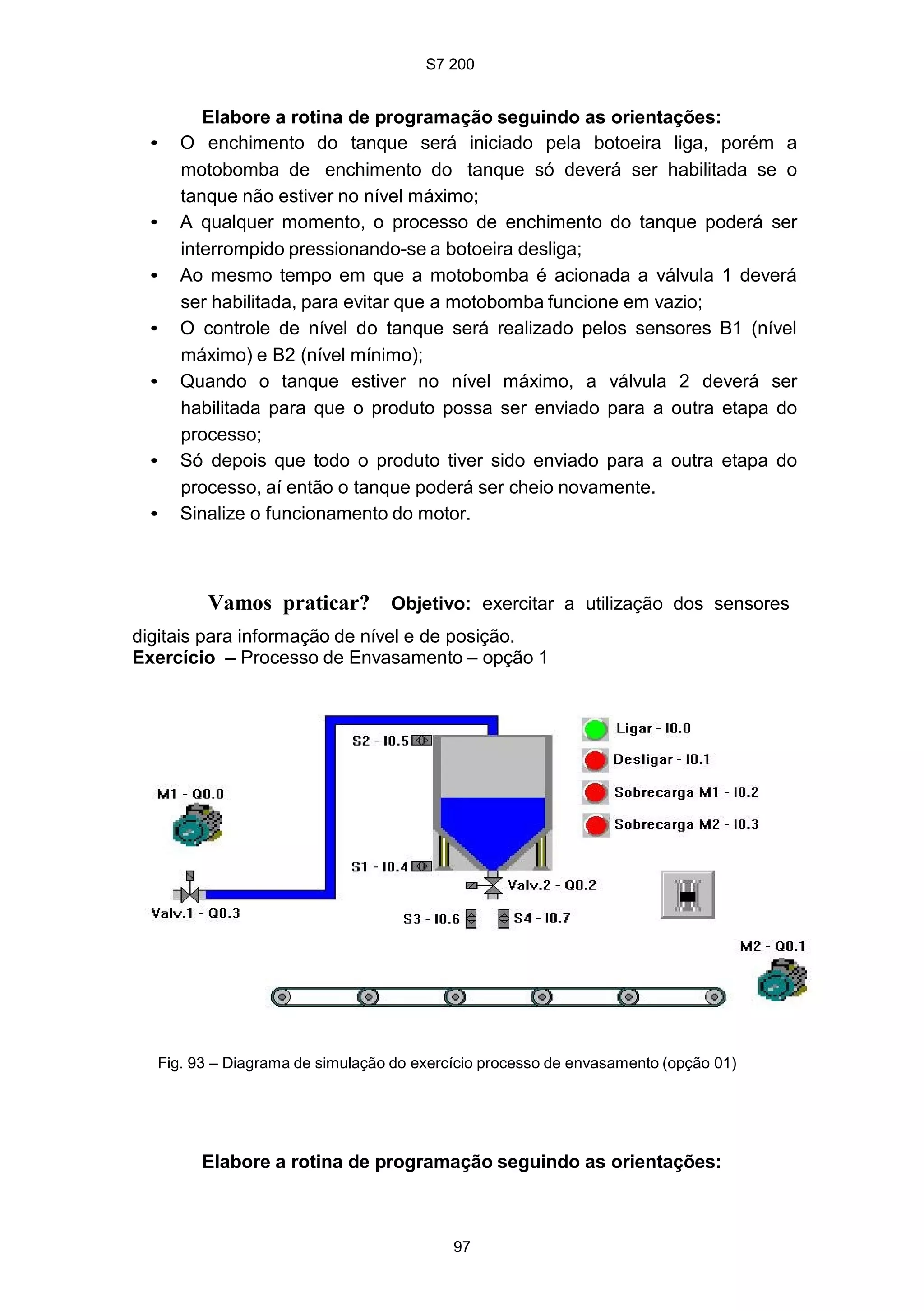 S7 200
97
Elabore a rotina de programação seguindo as orientações:
• O enchimento do tanque será iniciado pela botoeira liga, porém a
motobomba de enchimento do tanque só deverá ser habilitada se o
tanque não estiver no nível máximo;
• A qualquer momento, o processo de enchimento do tanque poderá ser
interrompido pressionando-se a botoeira desliga;
• Ao mesmo tempo em que a motobomba é acionada a válvula 1 deverá
ser habilitada, para evitar que a motobomba funcione em vazio;
• O controle de nível do tanque será realizado pelos sensores B1 (nível
máximo) e B2 (nível mínimo);
• Quando o tanque estiver no nível máximo, a válvula 2 deverá ser
habilitada para que o produto possa ser enviado para a outra etapa do
processo;
• Só depois que todo o produto tiver sido enviado para a outra etapa do
processo, aí então o tanque poderá ser cheio novamente.
• Sinalize o funcionamento do motor.
Vamos praticar? Objetivo: exercitar a utilização dos sensores
digitais para informação de nível e de posição.
Exercício – Processo de Envasamento – opção 1
Fig. 93 – Diagrama de simulação do exercício processo de envasamento (opção 01)
Elabore a rotina de programação seguindo as orientações:
 