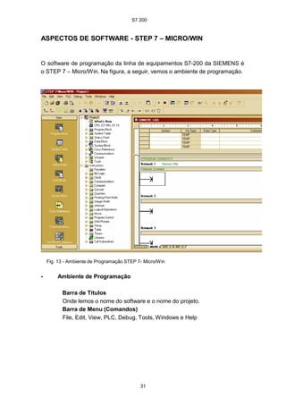 S7 200
31
ASPECTOS DE SOFTWARE - STEP 7 – MICRO/WIN
O software de programação da linha de equipamentos S7-200 da SIEMENS é
o STEP 7 – Micro/Win. Na figura, a seguir, vemos o ambiente de programação.
Fig. 13 - Ambiente de Programação STEP 7- Micro/Win
• Ambiente de Programação
Barra de Títulos
Onde lemos o nome do software e o nome do projeto.
Barra de Menu (Comandos)
File, Edit, View, PLC, Debug, Tools, Windows e Help
S7 200
31
ASPECTOS DE SOFTWARE - STEP 7 – MICRO/WIN
O software de programação da linha de equipamentos S7-200 da SIEMENS é
o STEP 7 – Micro/Win. Na figura, a seguir, vemos o ambiente de programação.
Fig. 13 - Ambiente de Programação STEP 7- Micro/Win
• Ambiente de Programação
Barra de Títulos
Onde lemos o nome do software e o nome do projeto.
Barra de Menu (Comandos)
File, Edit, View, PLC, Debug, Tools, Windows e Help
S7 200
31
ASPECTOS DE SOFTWARE - STEP 7 – MICRO/WIN
O software de programação da linha de equipamentos S7-200 da SIEMENS é
o STEP 7 – Micro/Win. Na figura, a seguir, vemos o ambiente de programação.
Fig. 13 - Ambiente de Programação STEP 7- Micro/Win
• Ambiente de Programação
Barra de Títulos
Onde lemos o nome do software e o nome do projeto.
Barra de Menu (Comandos)
File, Edit, View, PLC, Debug, Tools, Windows e Help
 