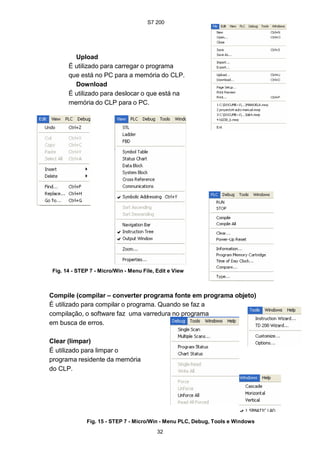 S7 200
32
Upload
É utilizado para carregar o programa
que está no PC para a memória do CLP.
Download
É utilizado para deslocar o que está na
memória do CLP para o PC.
Fig. 14 - STEP 7 - Micro/Win - Menu File, Edit e View
Compile (compilar – converter programa fonte em programa objeto)
É utilizado para compilar o programa. Quando se faz a
compilação, o software faz uma varredura no programa
em busca de erros.
Clear (limpar)
É utilizado para limpar o
programa residente da memória
do CLP.
Fig. 15 - STEP 7 - Micro/Win - Menu PLC, Debug, Tools e Windows
S7 200
32
Upload
É utilizado para carregar o programa
que está no PC para a memória do CLP.
Download
É utilizado para deslocar o que está na
memória do CLP para o PC.
Fig. 14 - STEP 7 - Micro/Win - Menu File, Edit e View
Compile (compilar – converter programa fonte em programa objeto)
É utilizado para compilar o programa. Quando se faz a
compilação, o software faz uma varredura no programa
em busca de erros.
Clear (limpar)
É utilizado para limpar o
programa residente da memória
do CLP.
Fig. 15 - STEP 7 - Micro/Win - Menu PLC, Debug, Tools e Windows
S7 200
32
Upload
É utilizado para carregar o programa
que está no PC para a memória do CLP.
Download
É utilizado para deslocar o que está na
memória do CLP para o PC.
Fig. 14 - STEP 7 - Micro/Win - Menu File, Edit e View
Compile (compilar – converter programa fonte em programa objeto)
É utilizado para compilar o programa. Quando se faz a
compilação, o software faz uma varredura no programa
em busca de erros.
Clear (limpar)
É utilizado para limpar o
programa residente da memória
do CLP.
Fig. 15 - STEP 7 - Micro/Win - Menu PLC, Debug, Tools e Windows
 